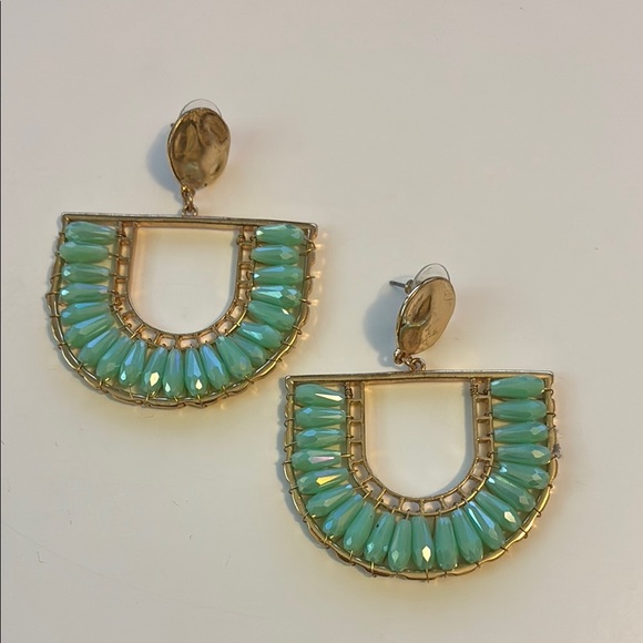 Gold and Green Beaded Statement Earrings - Picture 1 of 1
